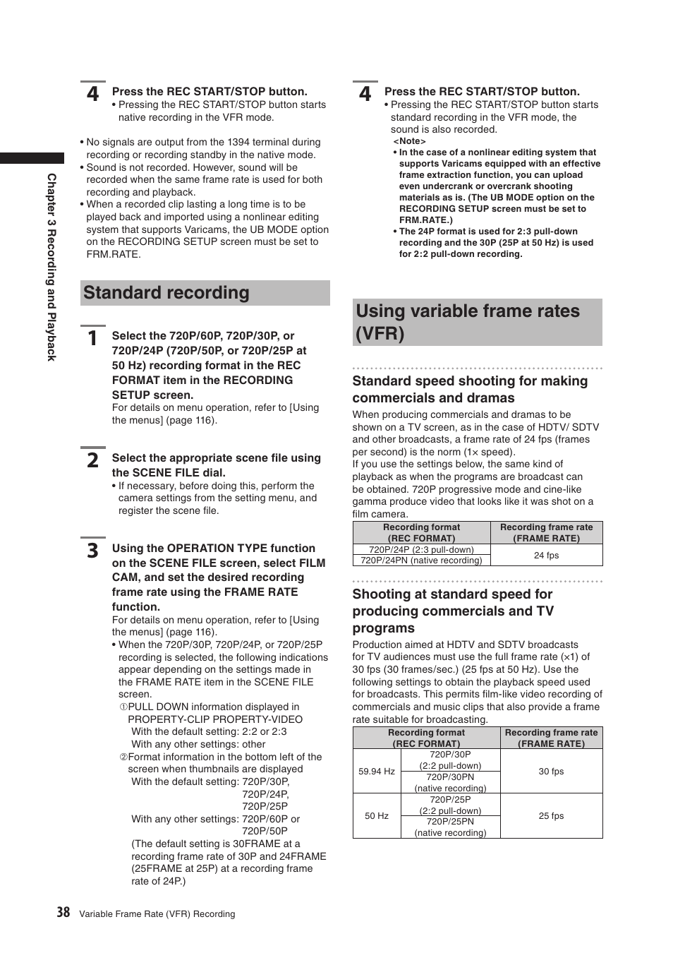 Standard recording, Using variable frame rates (vfr) | Panasonic AG-HPX500E User Manual | Page 38 / 152