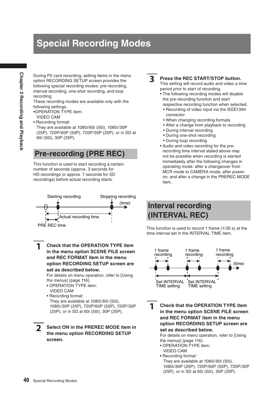 Special recording modes, Pre-recording (pre rec), Interval recording (interval rec) | Panasonic AG-HPX500E User Manual | Page 40 / 152