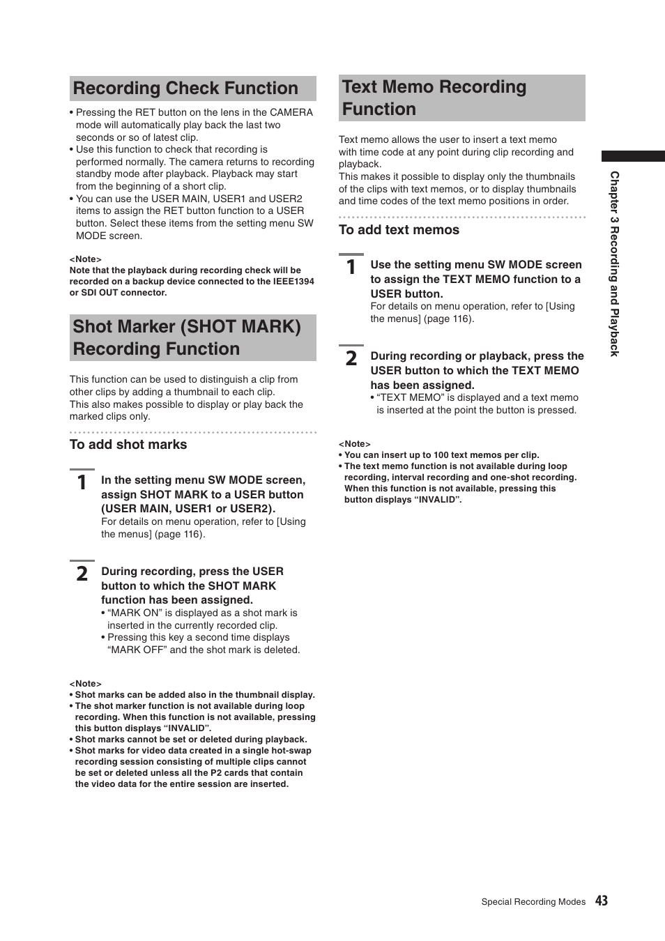 Recording check function, Shot marker (shot mark) recording function, Text memo recording function | Panasonic AG-HPX500E User Manual | Page 43 / 152