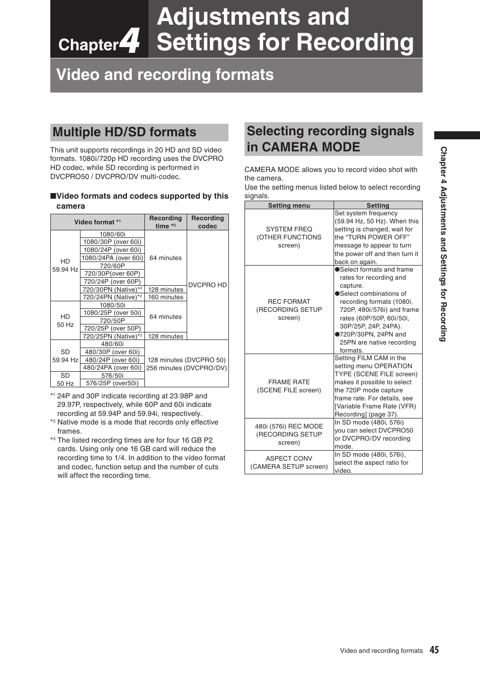 Chapter4 adjustments and settings for recording, Video and recording formats, Multiple hd/sd formats | Selecting recording signals in camera mode, Adjustments and settings for recording, Chapter | Panasonic AG-HPX500E User Manual | Page 45 / 152