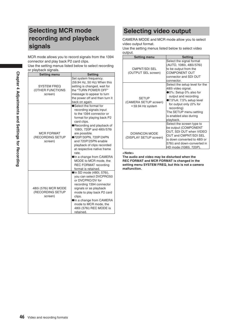 Selecting mcr mode recording and playback signals, Selecting video output | Panasonic AG-HPX500E User Manual | Page 46 / 152