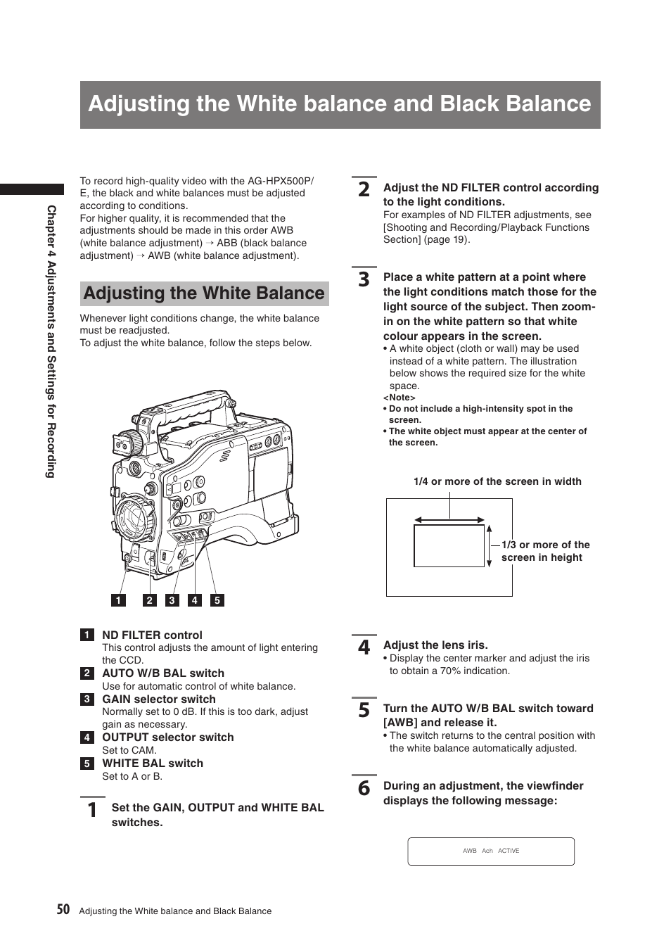 Adjusting the white balance and black balance, Adjusting the white balance, Adjusting the white balance and black balance 2 | Panasonic AG-HPX500E User Manual | Page 50 / 152