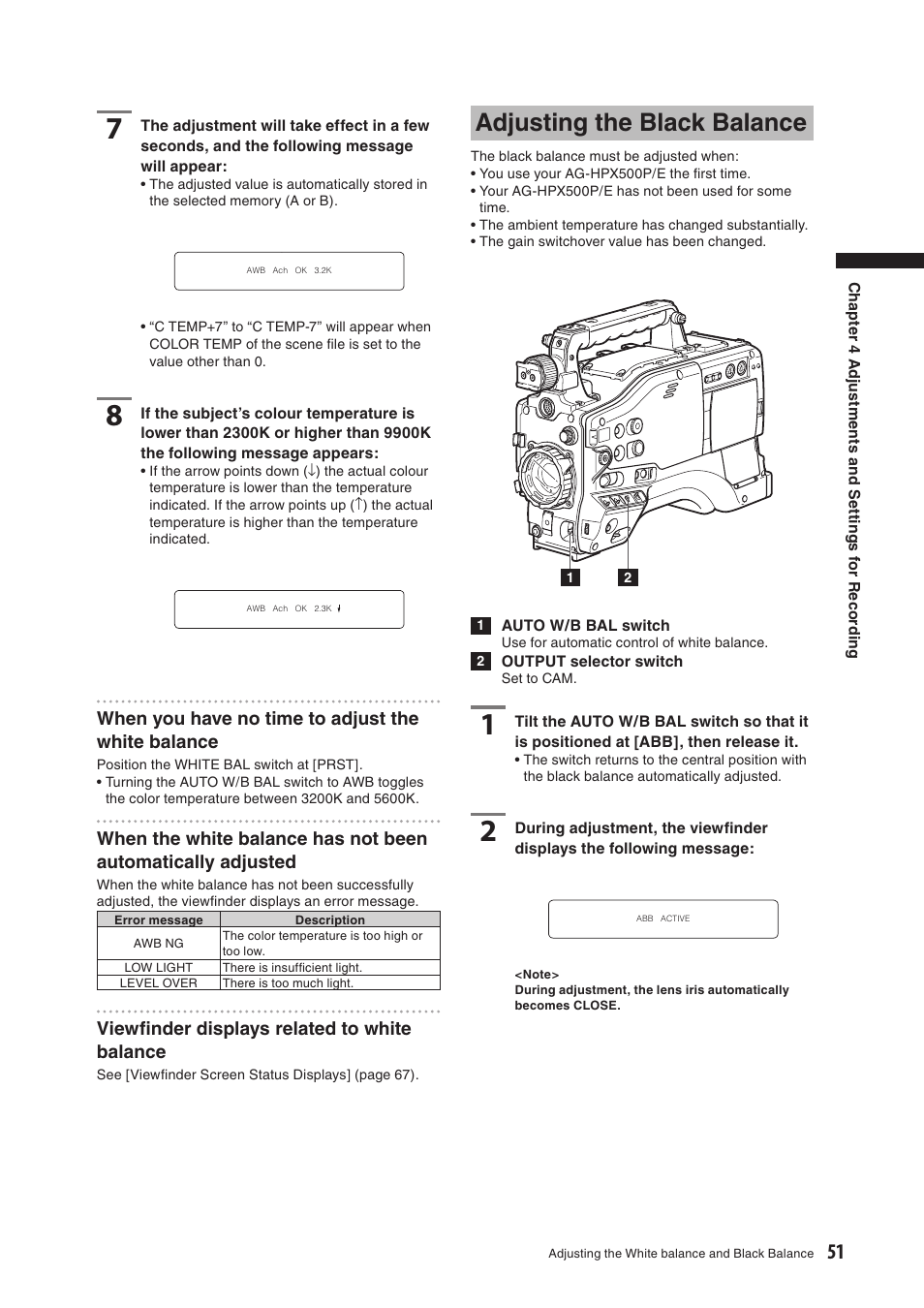 Adjusting the black balance | Panasonic AG-HPX500E User Manual | Page 51 / 152