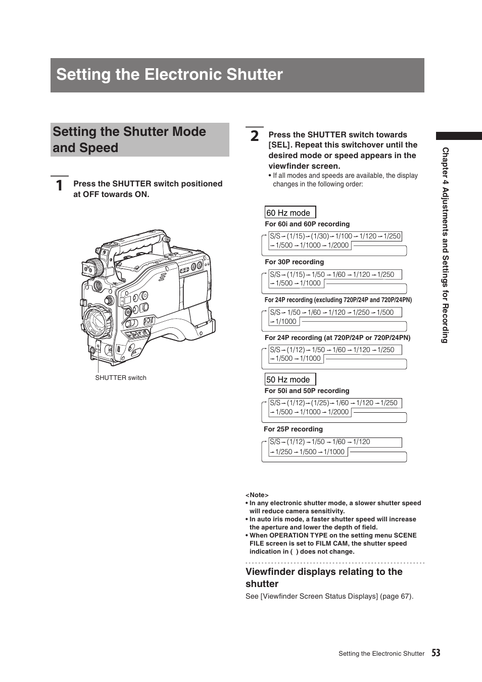 Setting the electronic shutter, Setting the shutter mode and speed, Viewﬁnder displays relating to the shutter | Panasonic AG-HPX500E User Manual | Page 53 / 152
