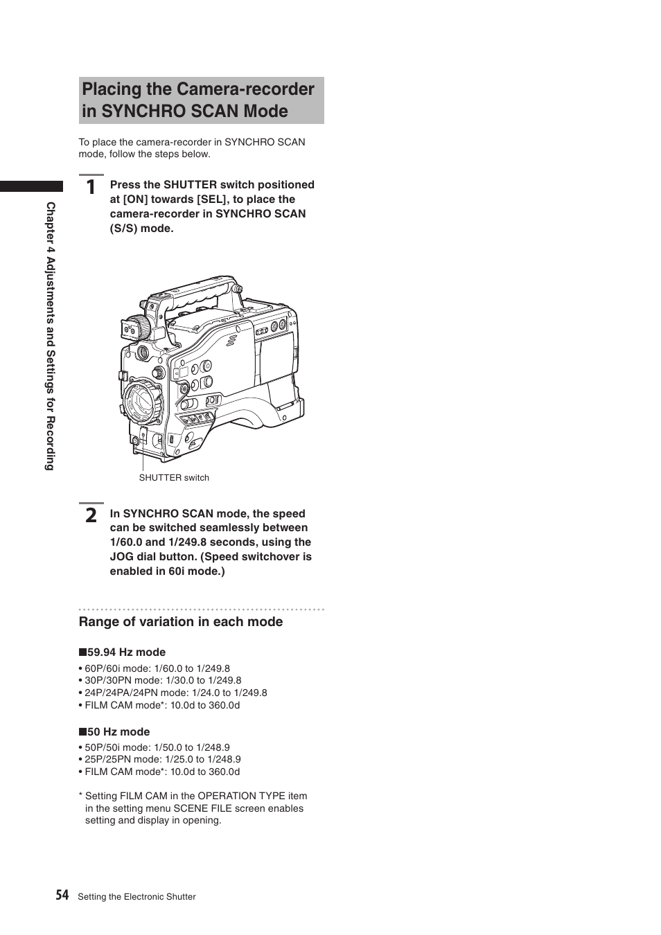 Placing the camera-recorder in synchro scan mode | Panasonic AG-HPX500E User Manual | Page 54 / 152