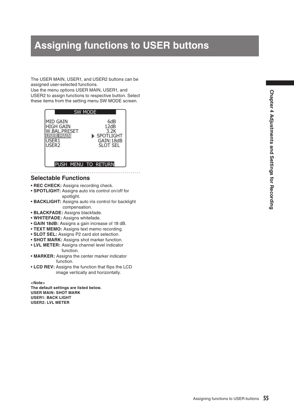 Assigning functions to user buttons, Selectable functions | Panasonic AG-HPX500E User Manual | Page 55 / 152