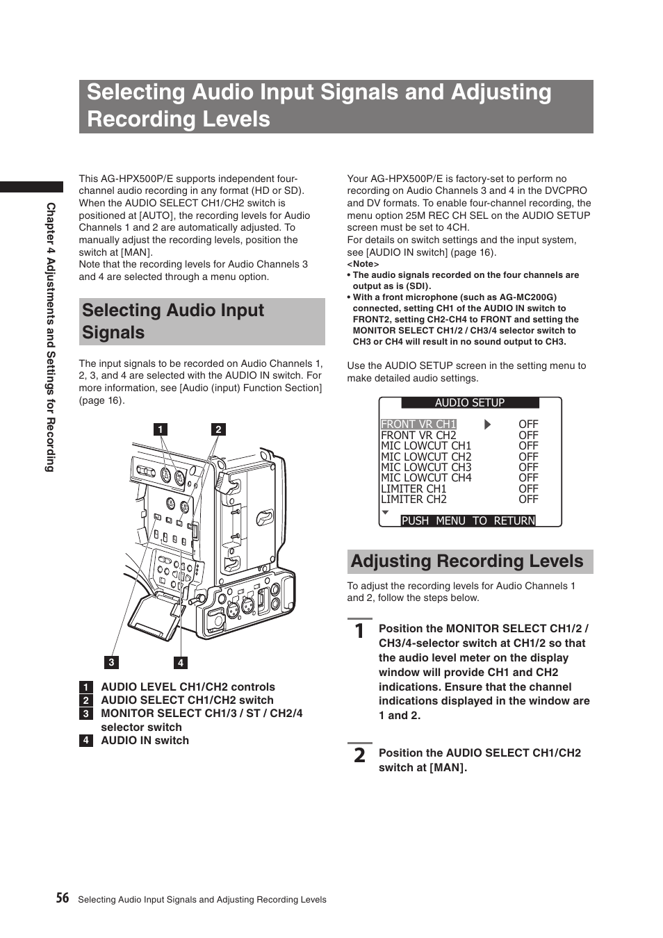 Selecting audio input signals, Adjusting recording levels | Panasonic AG-HPX500E User Manual | Page 56 / 152