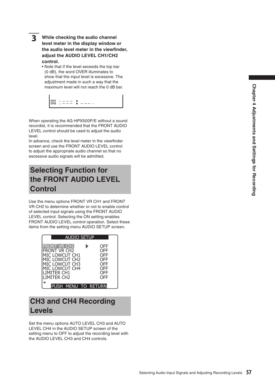 Ch3 and ch4 recording levels | Panasonic AG-HPX500E User Manual | Page 57 / 152