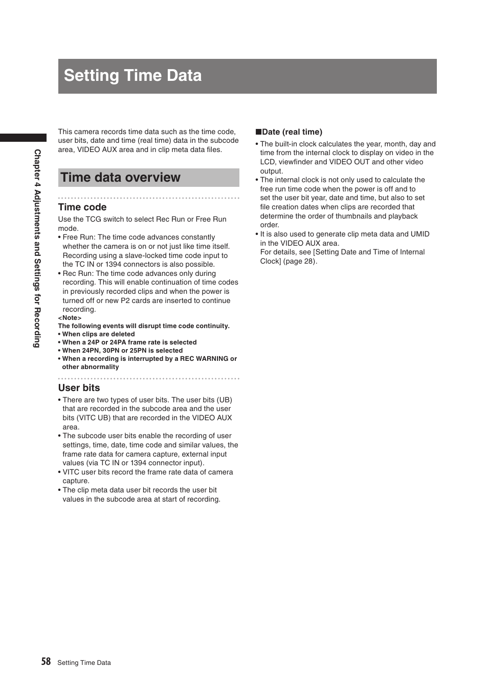 Setting time data, Time data overview | Panasonic AG-HPX500E User Manual | Page 58 / 152