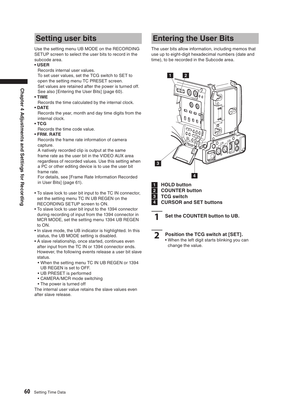 Setting user bits, Entering the user bits | Panasonic AG-HPX500E User Manual | Page 60 / 152