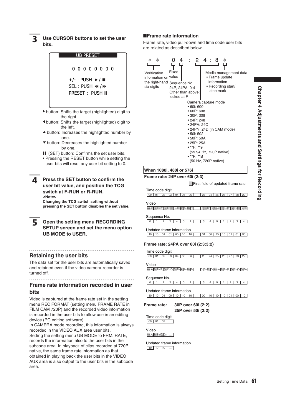 Retaining the user bits, Frame rate information recorded in user bits, Frame rate information | Panasonic AG-HPX500E User Manual | Page 61 / 152