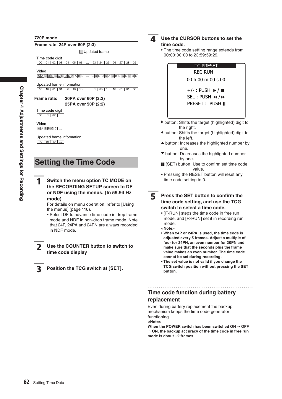 Setting the time code, Time code function during battery replacement | Panasonic AG-HPX500E User Manual | Page 62 / 152