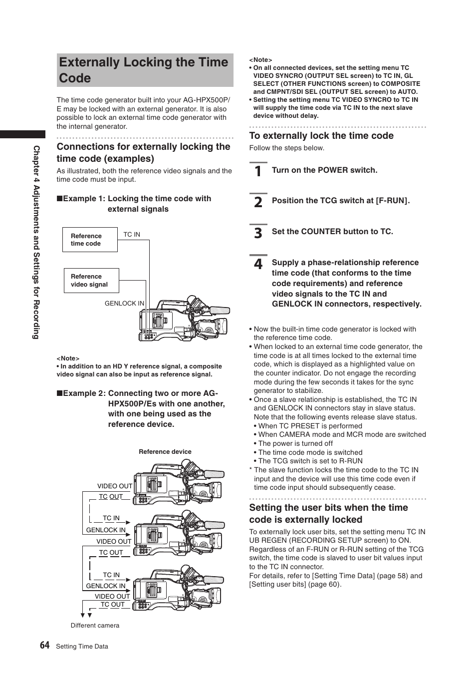 Externally locking the time code | Panasonic AG-HPX500E User Manual | Page 64 / 152