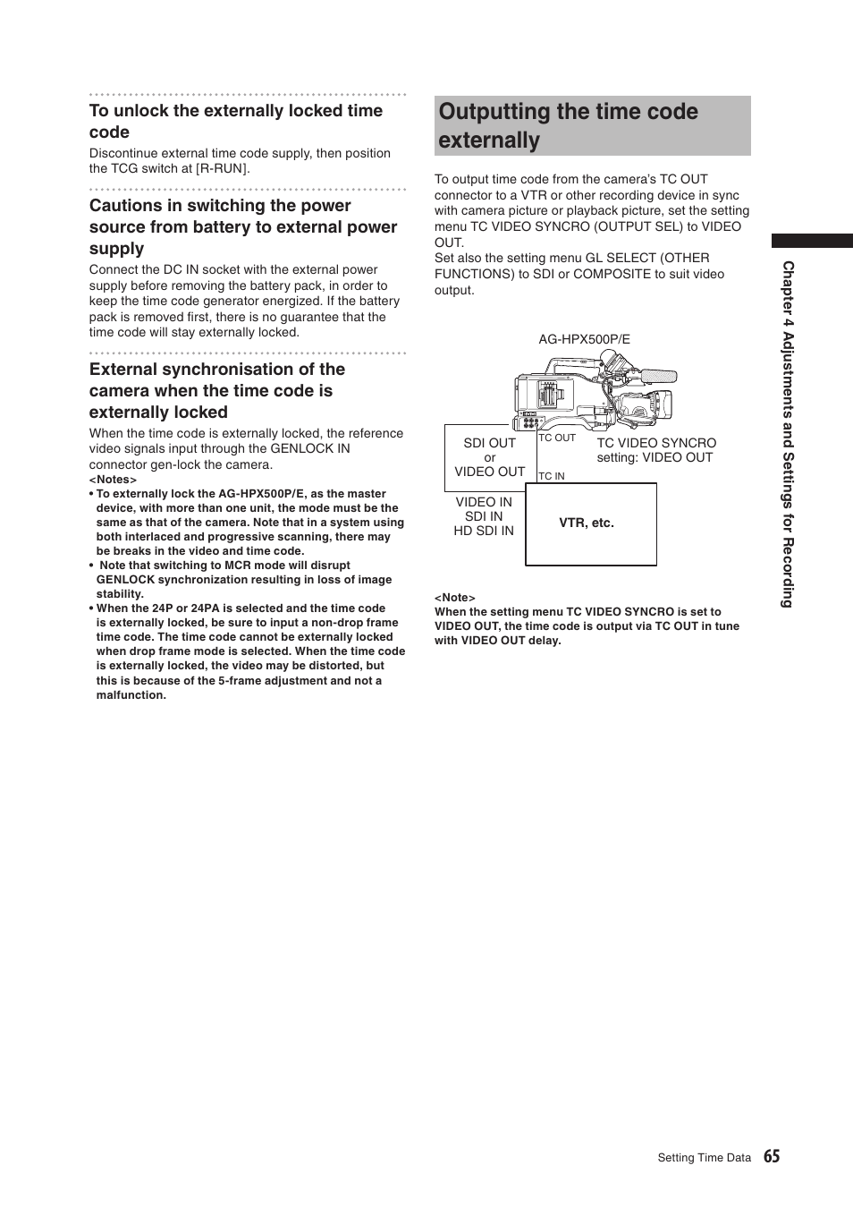 Outputting the time code externally | Panasonic AG-HPX500E User Manual | Page 65 / 152