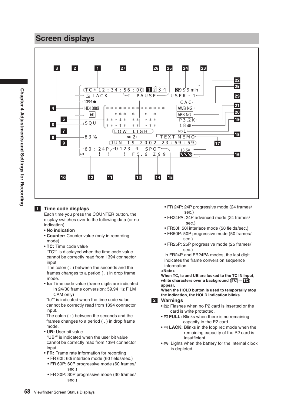 Screen displays | Panasonic AG-HPX500E User Manual | Page 68 / 152