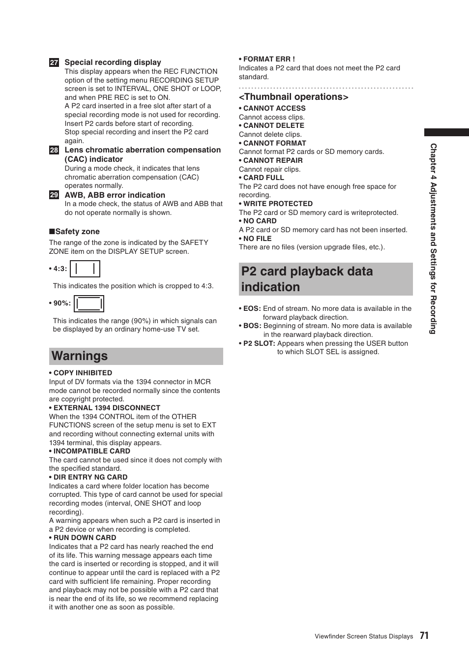 Warnings, P2 card playback data indication, Thumbnail operations | Panasonic AG-HPX500E User Manual | Page 71 / 152