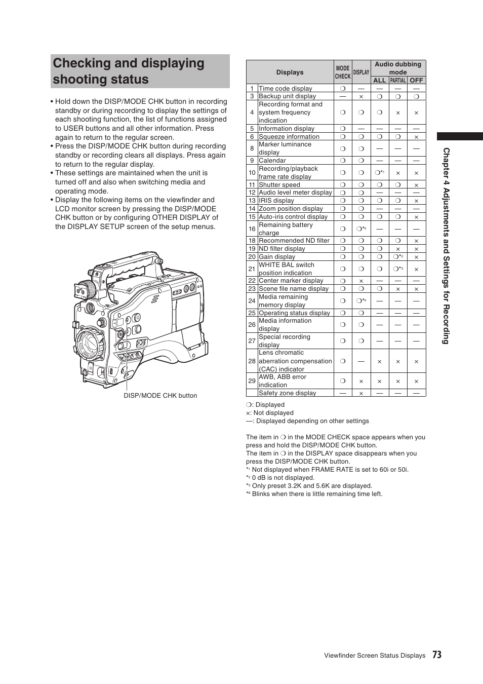 Checking and displaying shooting status | Panasonic AG-HPX500E User Manual | Page 73 / 152