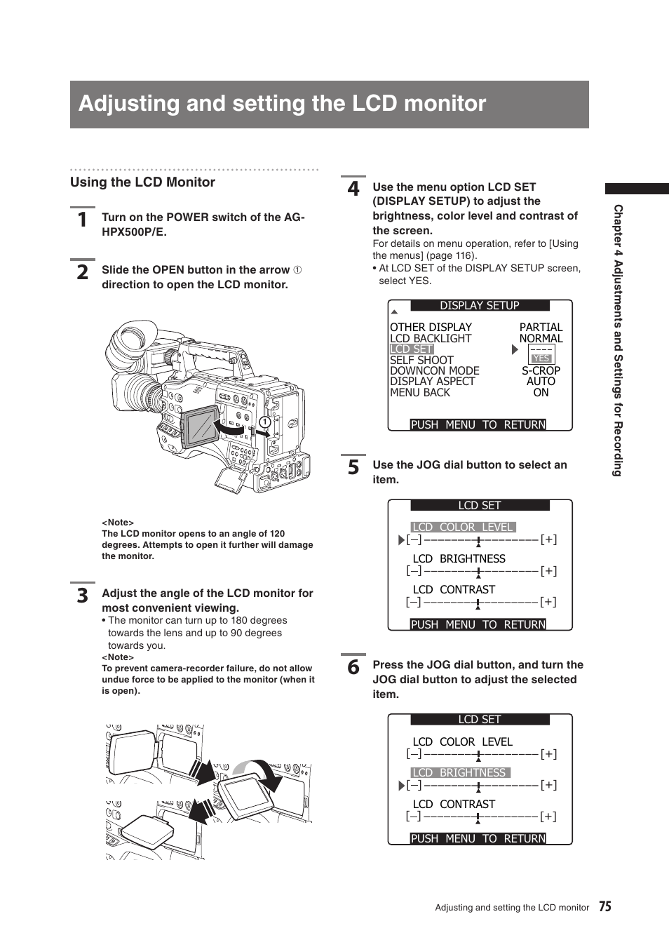 Adjusting and setting the lcd monitor | Panasonic AG-HPX500E User Manual | Page 75 / 152