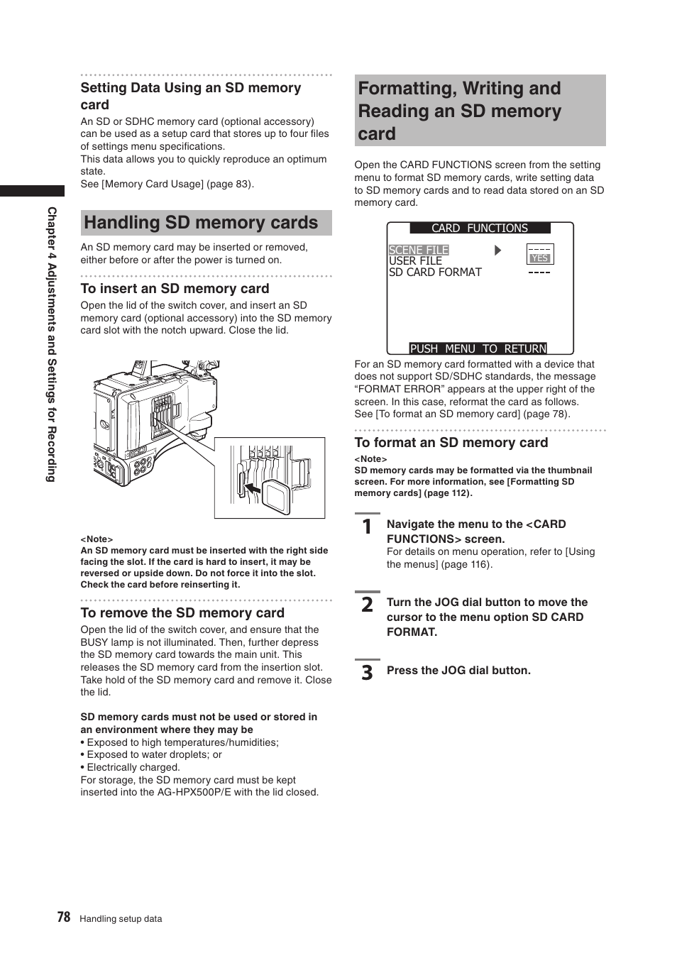 Handling sd memory cards, Formatting, writing and reading an sd memory card | Panasonic AG-HPX500E User Manual | Page 78 / 152