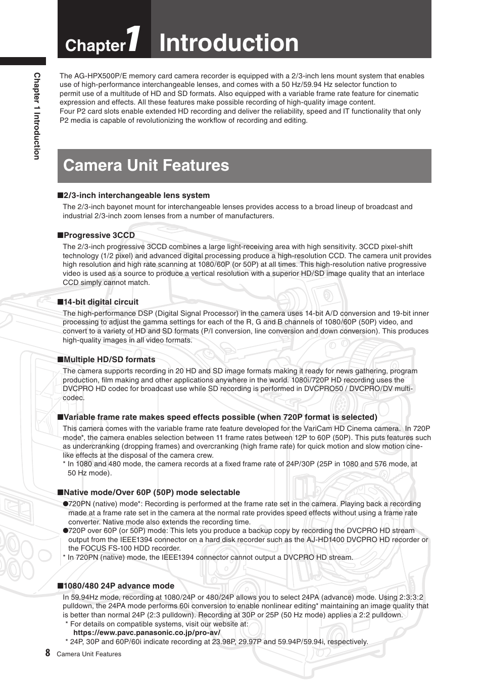 Chapter1 introduction, Camera unit features, Introduction | Chapter | Panasonic AG-HPX500E User Manual | Page 8 / 152