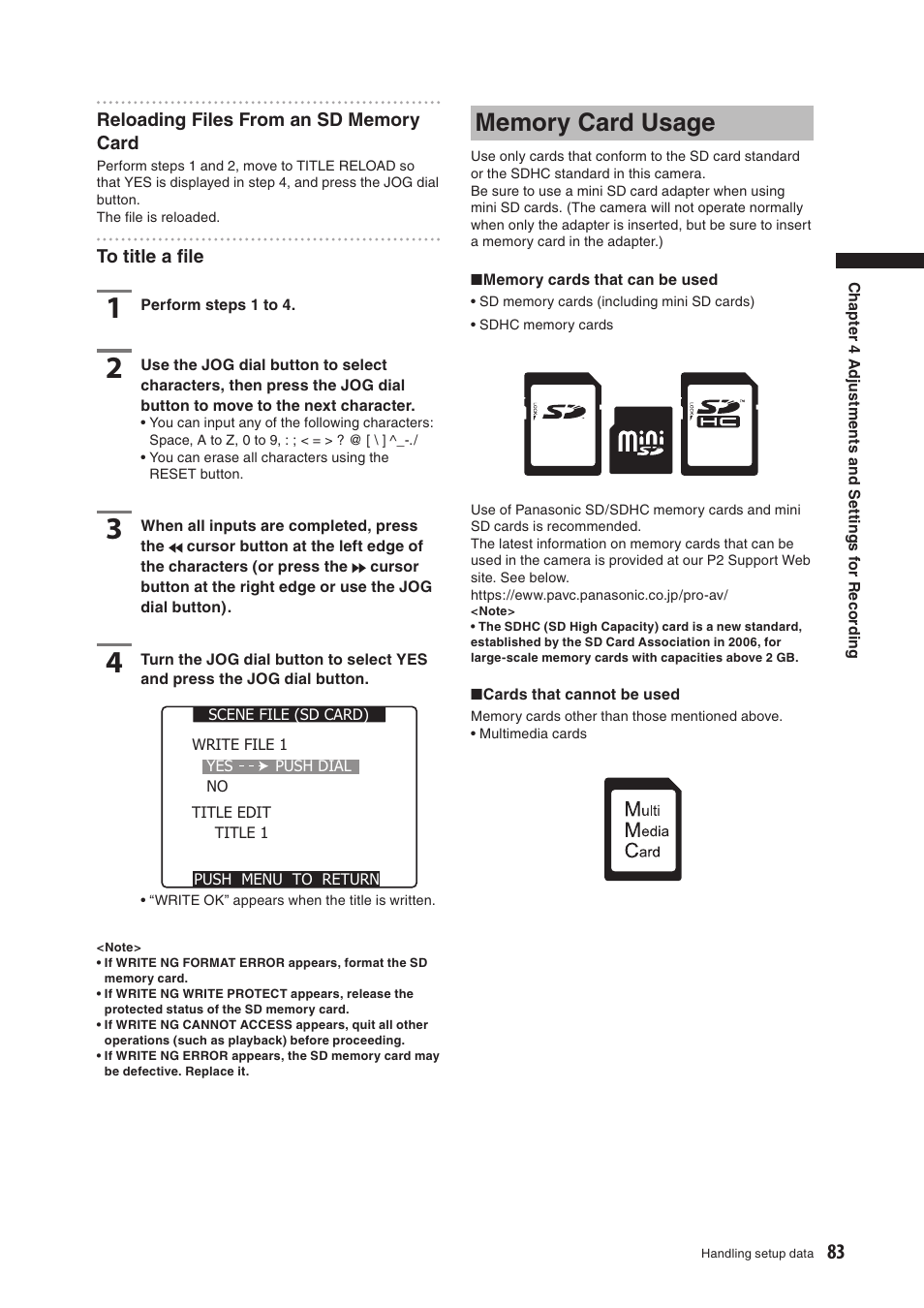 Memory card usage | Panasonic AG-HPX500E User Manual | Page 83 / 152