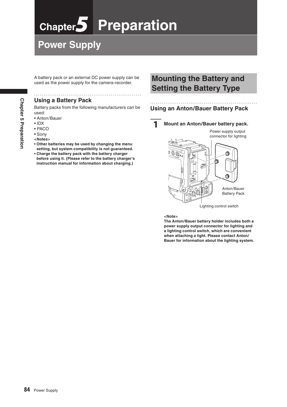 Chapter5 preparation, Power supply, Mounting the battery and setting the battery type | Preparation, Chapter | Panasonic AG-HPX500E User Manual | Page 84 / 152