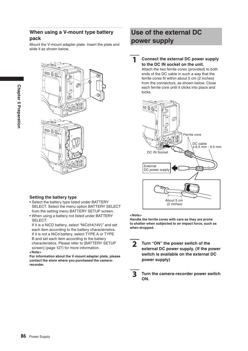 Use of the external dc power supply | Panasonic AG-HPX500E User Manual | Page 86 / 152
