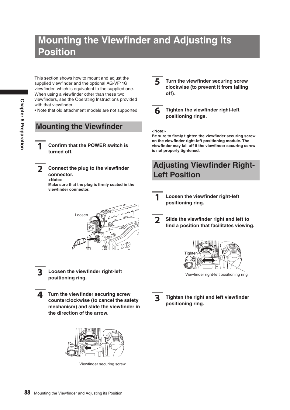 Mounting the viewfinder and adjusting its position, Mounting the viewfinder, Adjusting viewfinder right-left position | Mounting the viewﬁnder and adjusting its position, Mounting the viewﬁnder, Adjusting viewﬁnder right- left position | Panasonic AG-HPX500E User Manual | Page 88 / 152