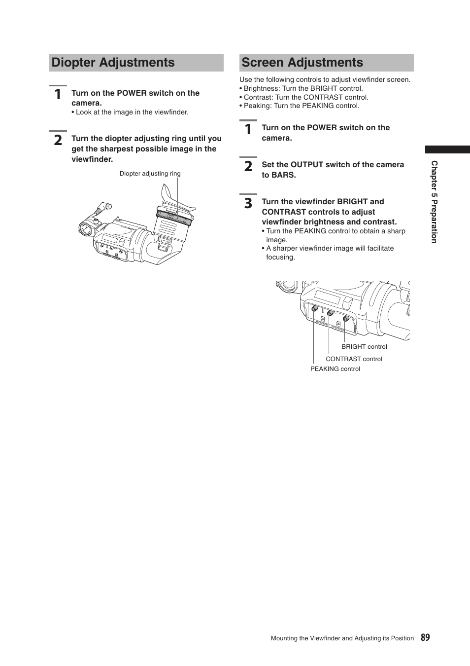 Diopter adjustments, Screen adjustments | Panasonic AG-HPX500E User Manual | Page 89 / 152