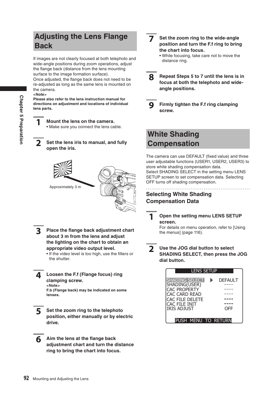Adjusting the lens flange back, White shading compensation | Panasonic AG-HPX500E User Manual | Page 92 / 152