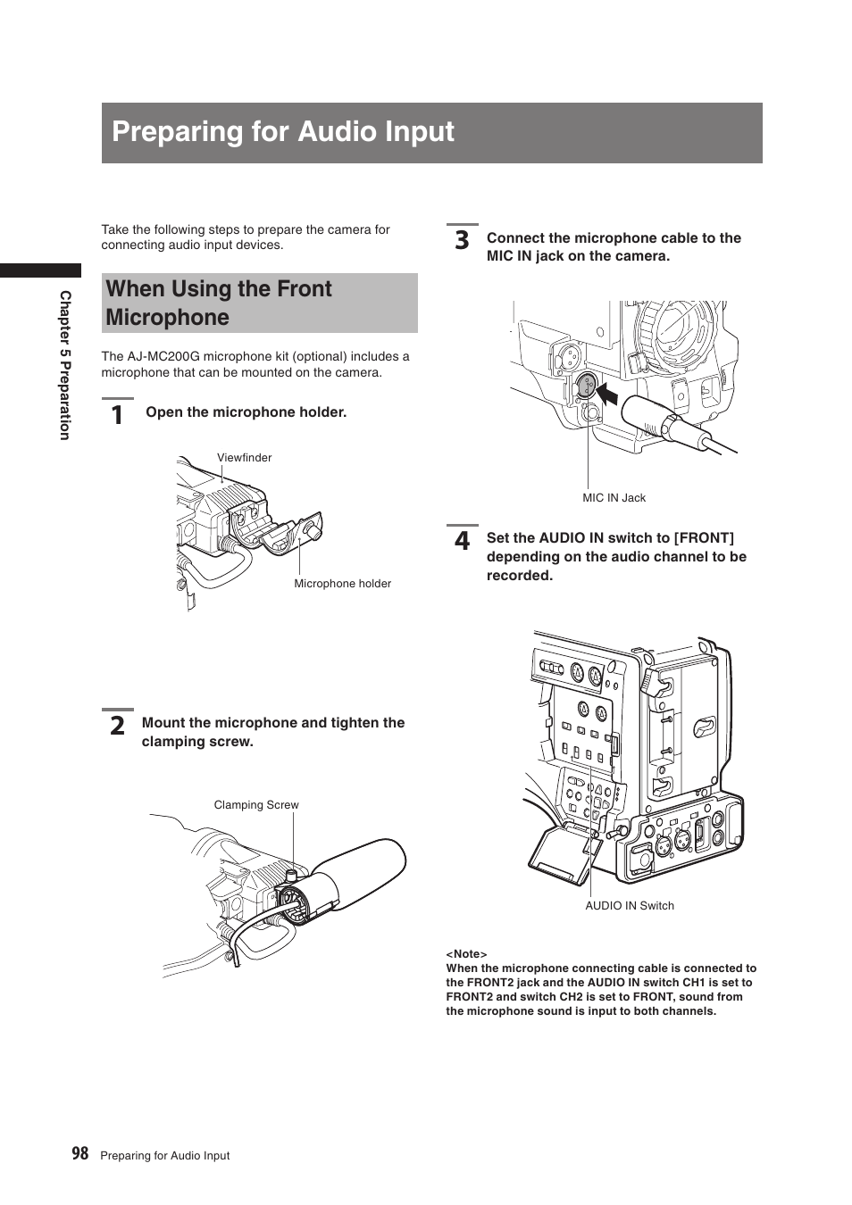 Preparing for audio input, When using the front microphone | Panasonic AG-HPX500E User Manual | Page 98 / 152