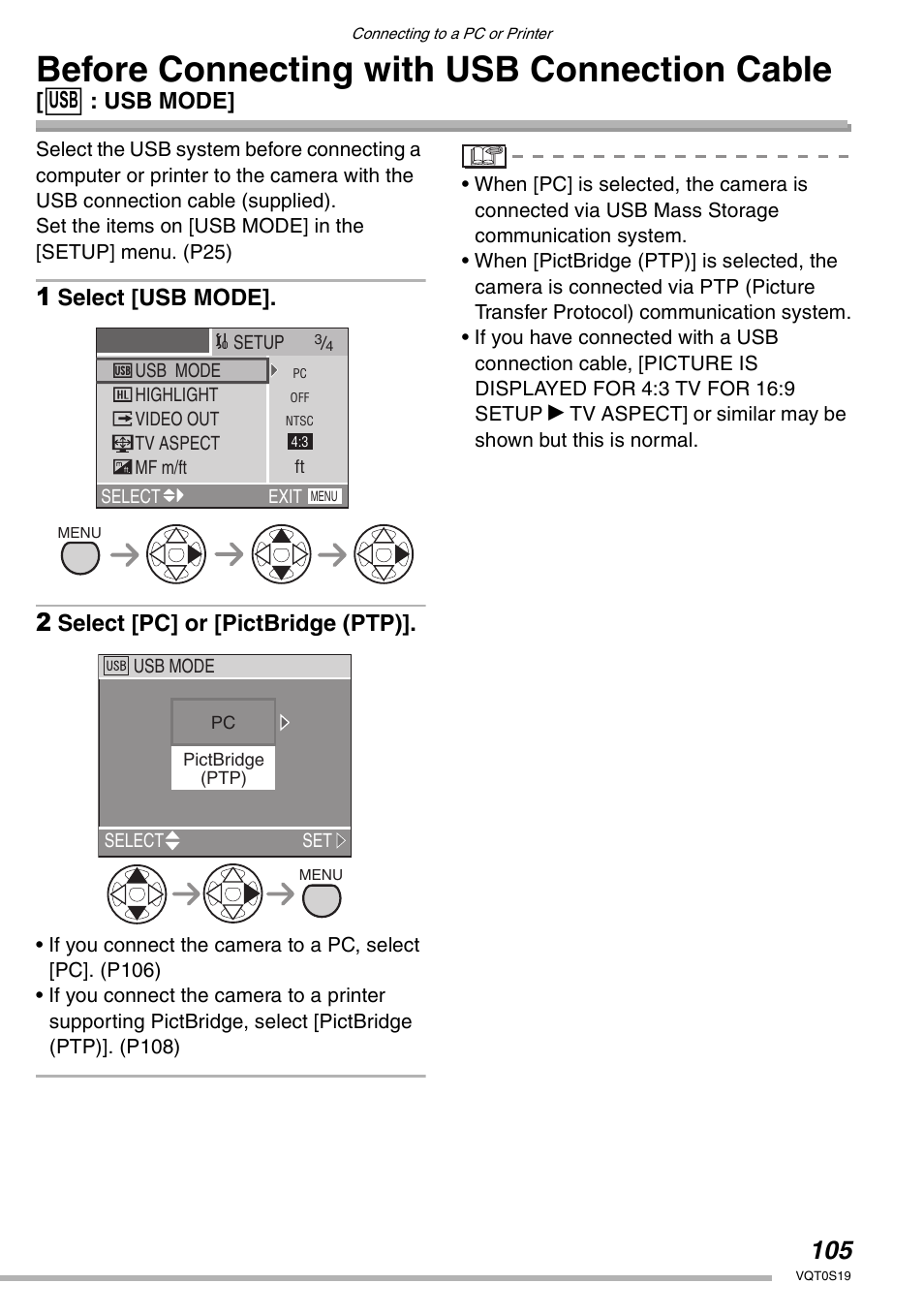Connecting to a pc or printer, Before connecting with usb connection cable, 4 : usb mode | Select [usb mode, Select [pc] or [pictbridge (ptp) | Panasonic DMC-LX1PP User Manual | Page 105 / 136