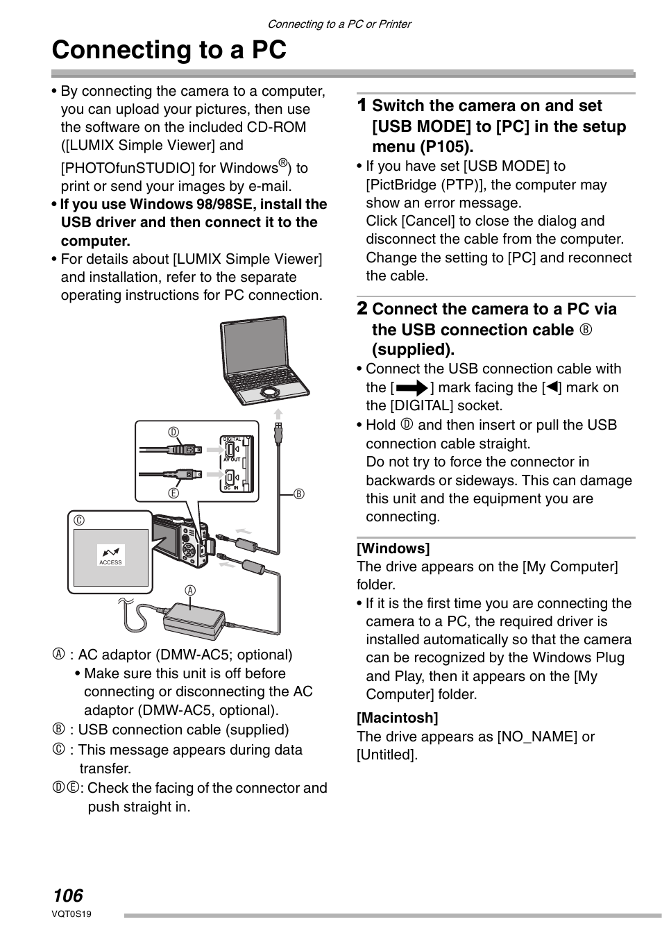 Connecting to a pc | Panasonic DMC-LX1PP User Manual | Page 106 / 136