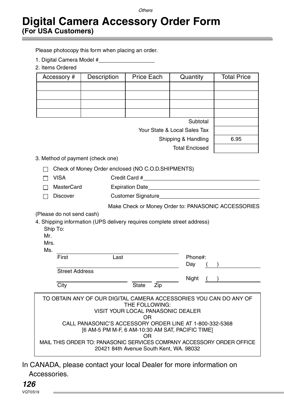 Digital camera accessory order form, For usa customers) | Panasonic DMC-LX1PP User Manual | Page 126 / 136