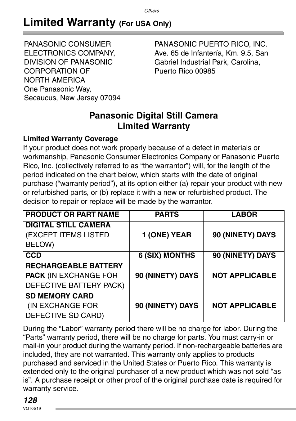 Limited warranty (for usa only), Limited warranty, Panasonic digital still camera limited warranty | Panasonic DMC-LX1PP User Manual | Page 128 / 136