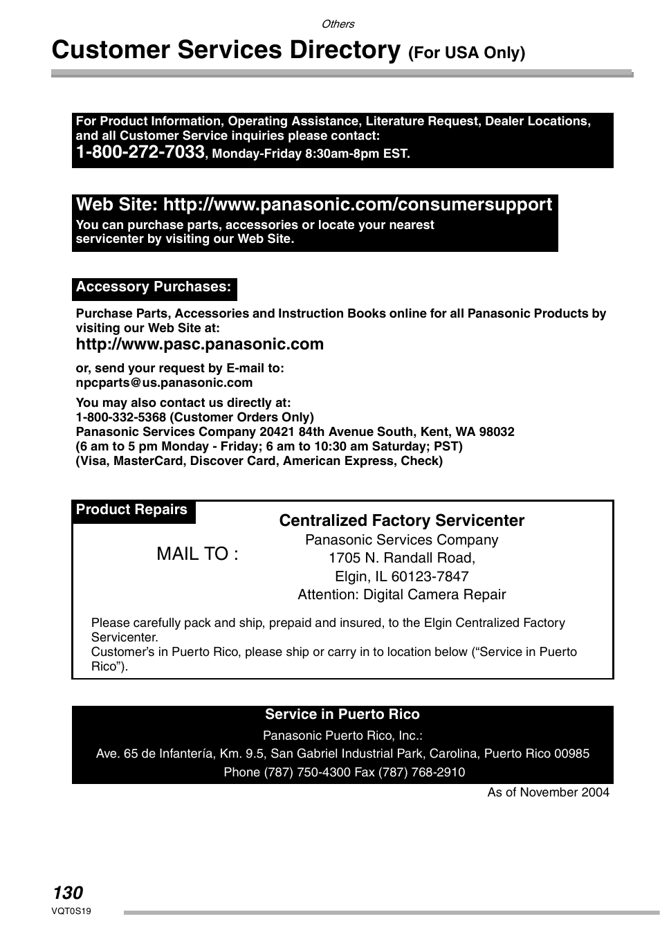 Customer services directory (for usa only), Customer services directory, Mail to | Panasonic DMC-LX1PP User Manual | Page 130 / 136