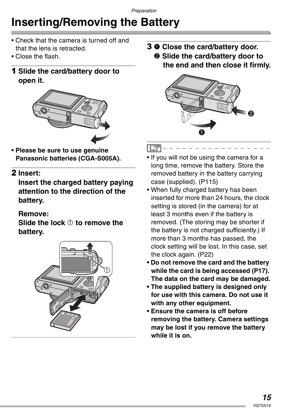 Inserting/removing the battery | Panasonic DMC-LX1PP User Manual | Page 15 / 136