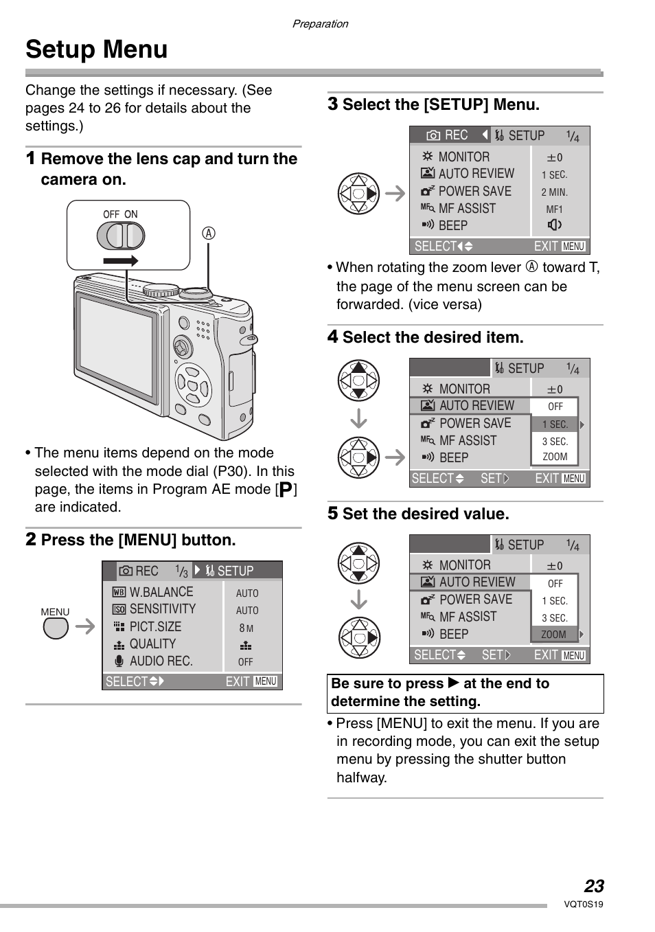 Setup menu, Remove the lens cap and turn the camera on, Press the [menu] button | Select the [setup] menu, Select the desired item, Set the desired value | Panasonic DMC-LX1PP User Manual | Page 23 / 136
