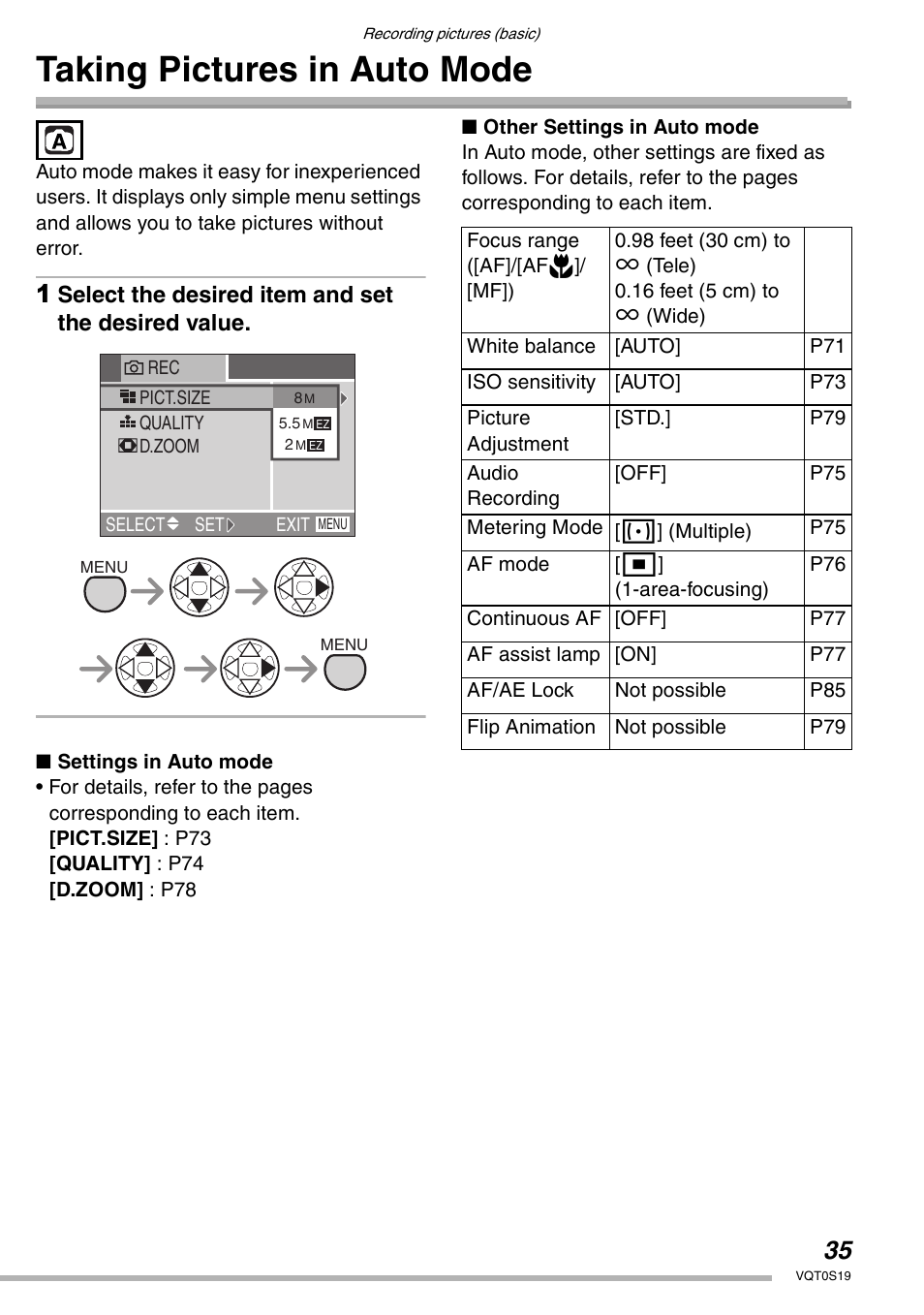 Taking pictures in auto mode, Select the desired item and set the desired value | Panasonic DMC-LX1PP User Manual | Page 35 / 136