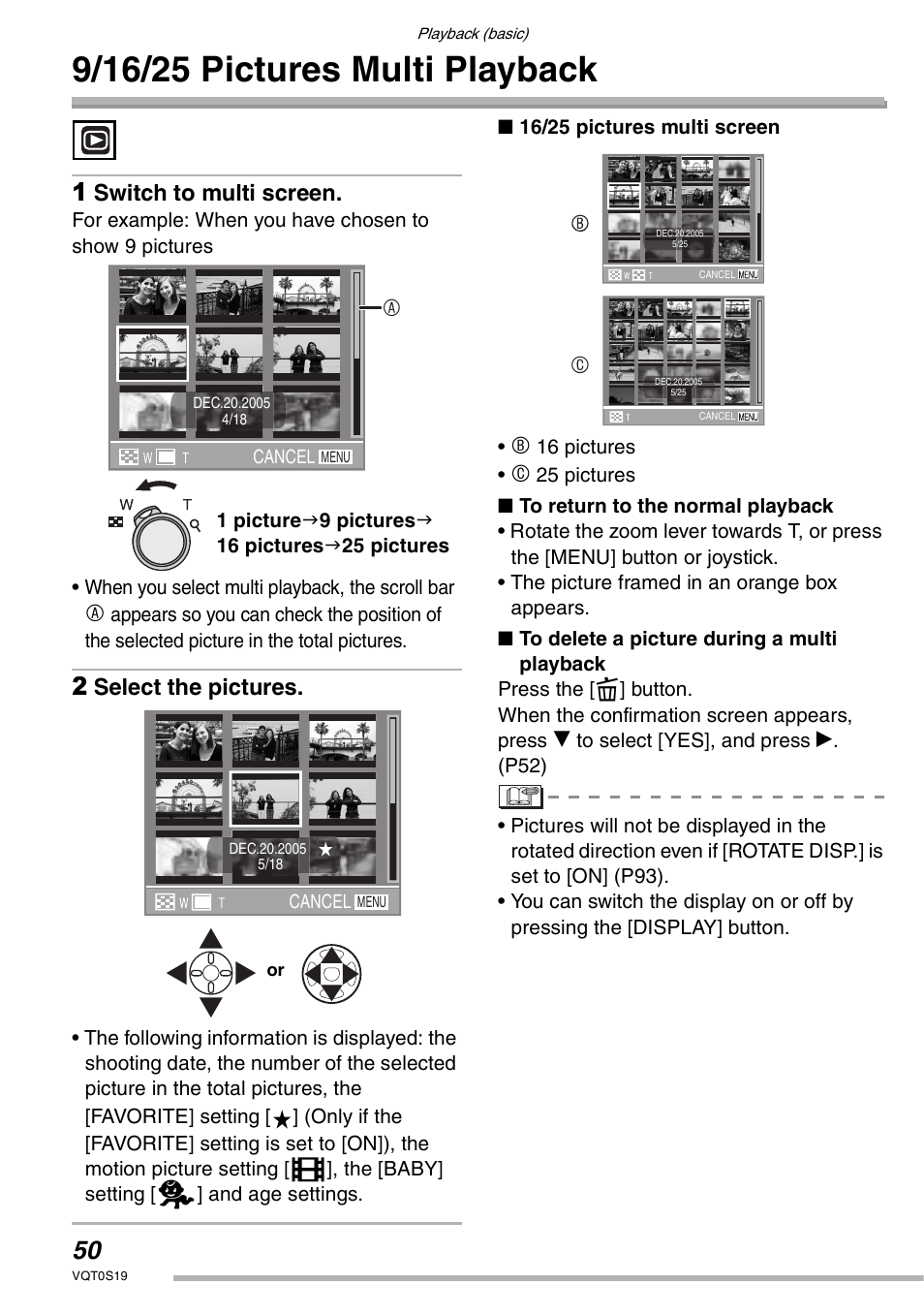 9/16/25 pictures multi playback, Switch to multi screen, Select the pictures | Panasonic DMC-LX1PP User Manual | Page 50 / 136
