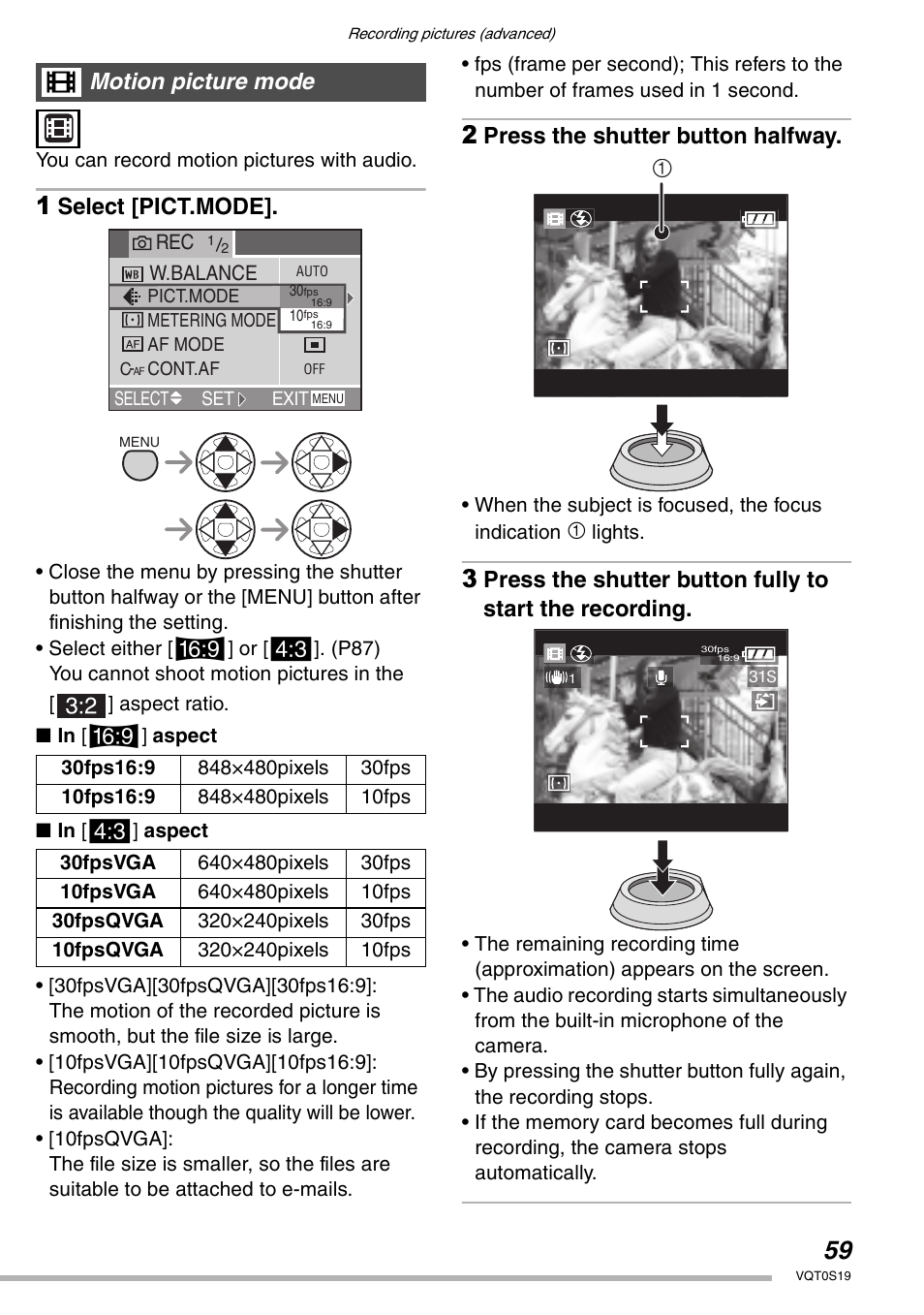 Select [pict.mode, Press the shutter button halfway, Motion picture mode | Panasonic DMC-LX1PP User Manual | Page 59 / 136
