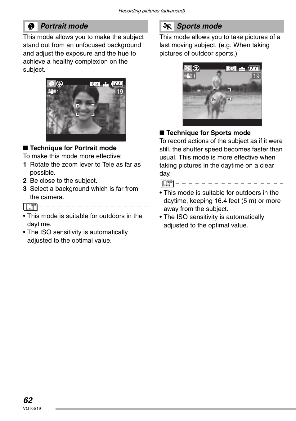 Portrait mode, Sports mode | Panasonic DMC-LX1PP User Manual | Page 62 / 136
