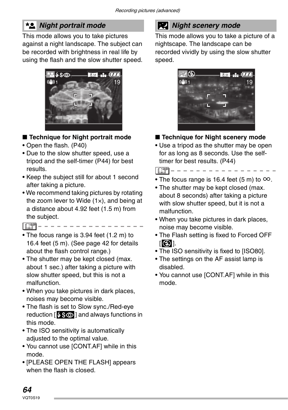 Night portrait mode, Night scenery mode | Panasonic DMC-LX1PP User Manual | Page 64 / 136