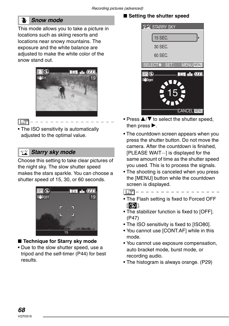 Snow mode starry sky mode | Panasonic DMC-LX1PP User Manual | Page 68 / 136