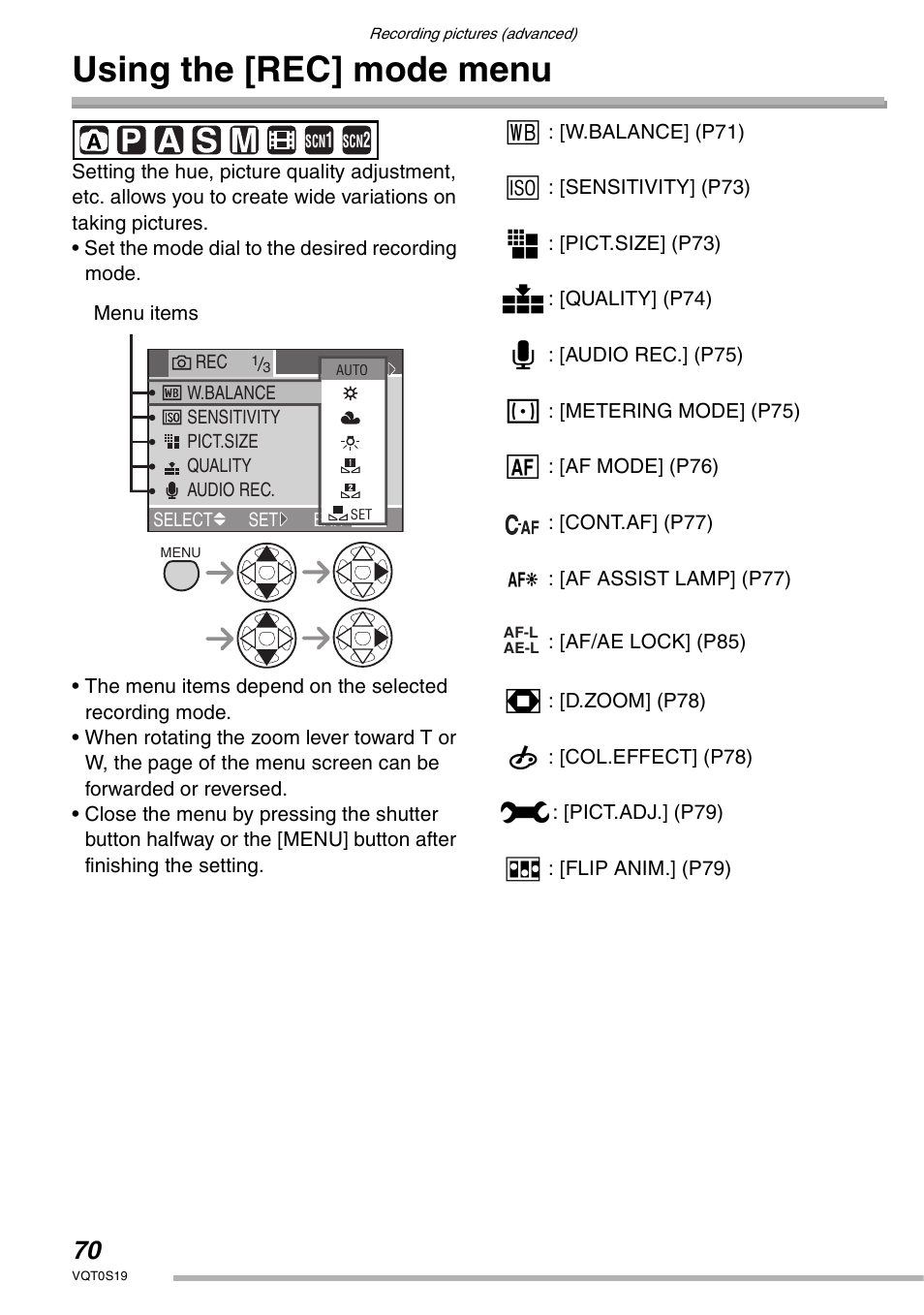 Using the (rec) mode menu, Using the [rec] mode menu | Panasonic DMC-LX1PP User Manual | Page 70 / 136