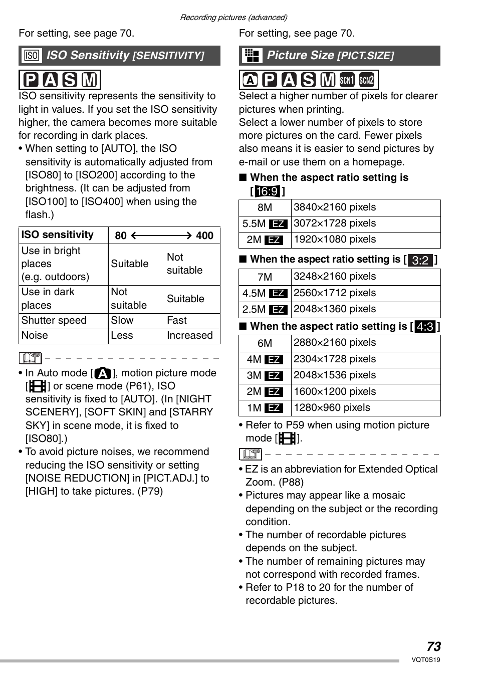 Iso sensitivity, Picture size | Panasonic DMC-LX1PP User Manual | Page 73 / 136