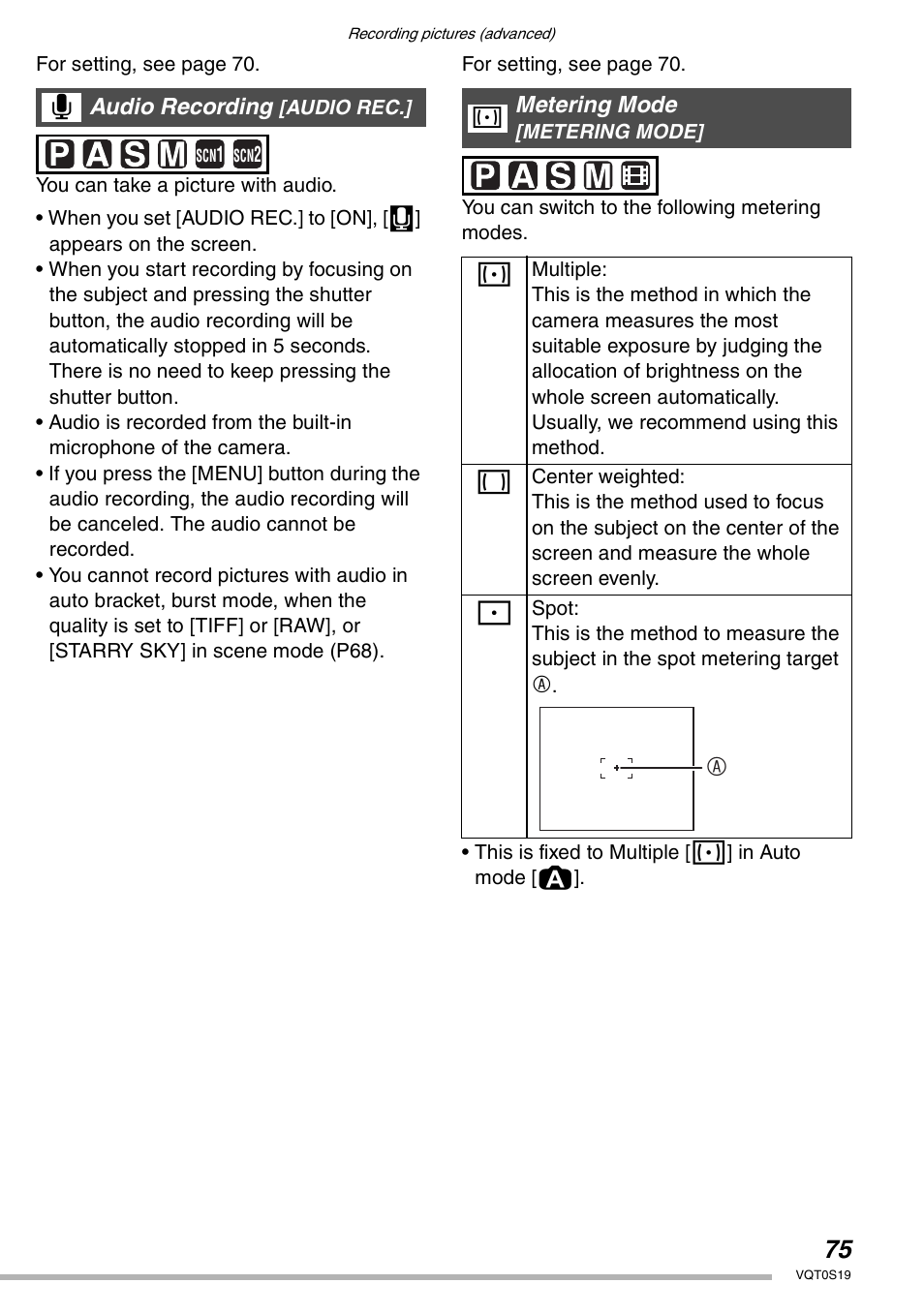 Audio recording, Metering mode | Panasonic DMC-LX1PP User Manual | Page 75 / 136