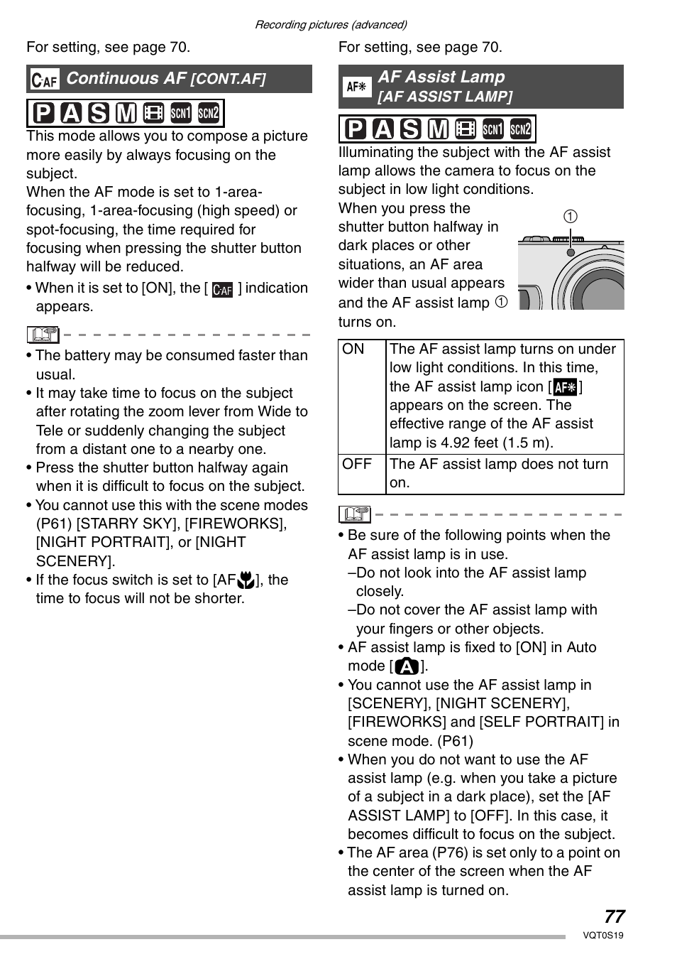 Continuous af, Af assist lamp | Panasonic DMC-LX1PP User Manual | Page 77 / 136