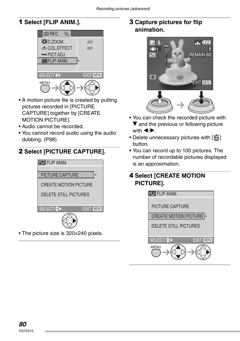 Select [flip anim, Select [picture capture, Capture pictures for flip animation | Select [create motion picture | Panasonic DMC-LX1PP User Manual | Page 80 / 136