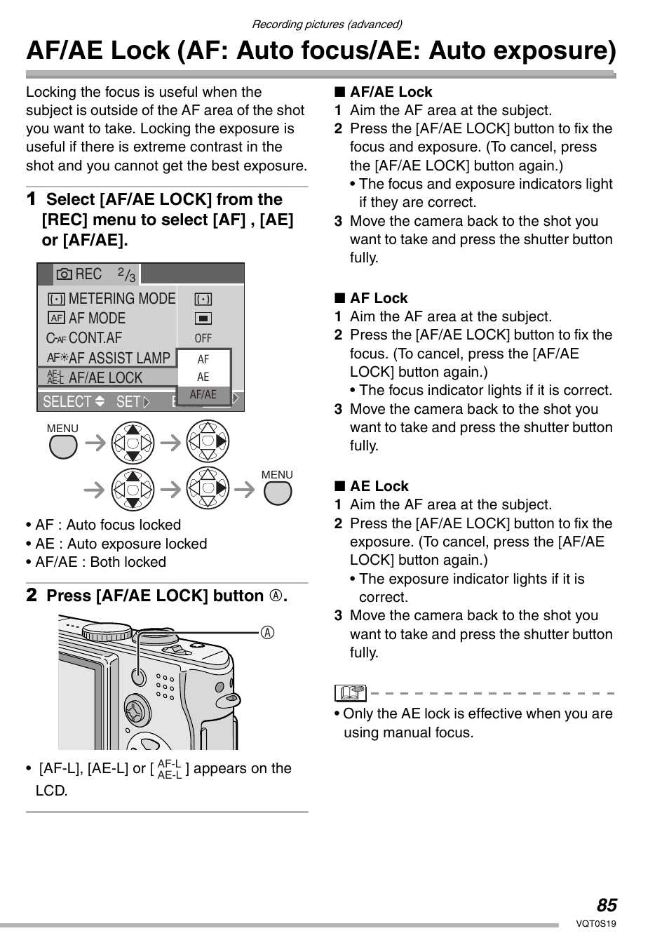 Af/ae lock (af: auto focus/ae: auto exposure) | Panasonic DMC-LX1PP User Manual | Page 85 / 136